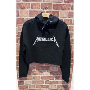 Metallica Cropped Long Slv Hoodie Women's S Solid Black Cuffed Sleeve Drawstring